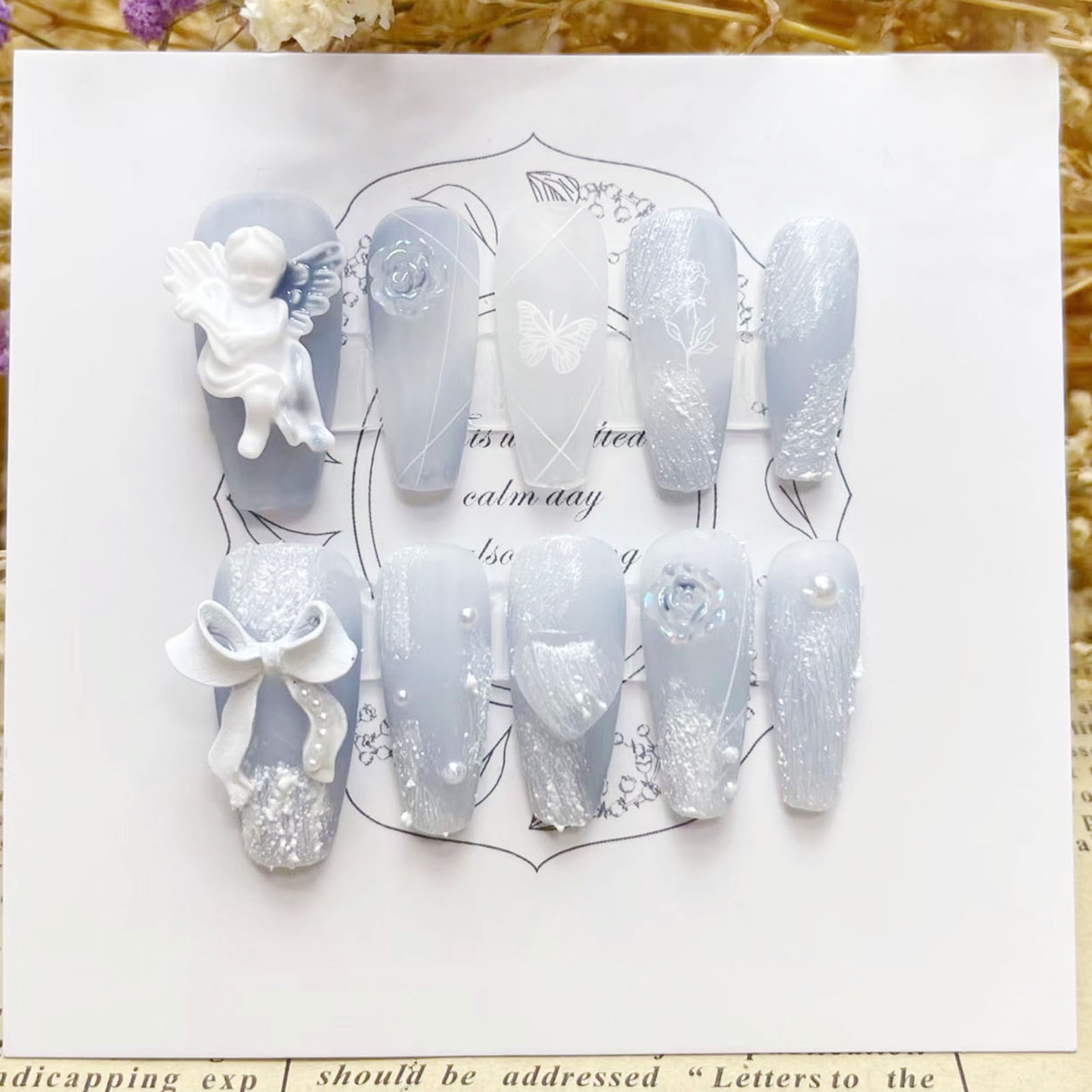 Resin Art Flowers - 3D Gesso Unhas Falsas com Bowknot,